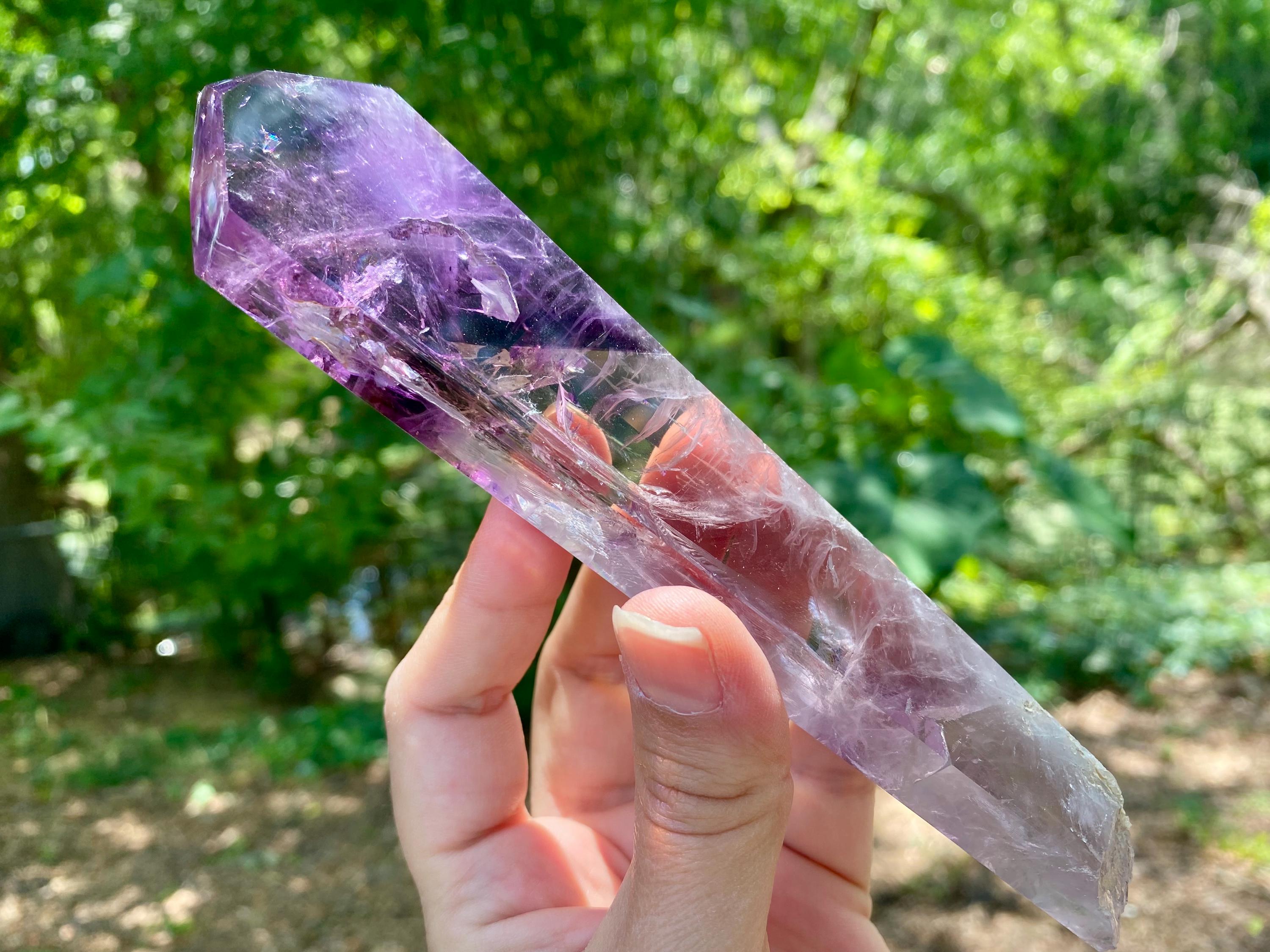 Polished Amethyst Crystal Wand: Brazilian Rainbow Phantom Quartz, stunning piece, great companion for energy work; reiki, Akash, chakras...