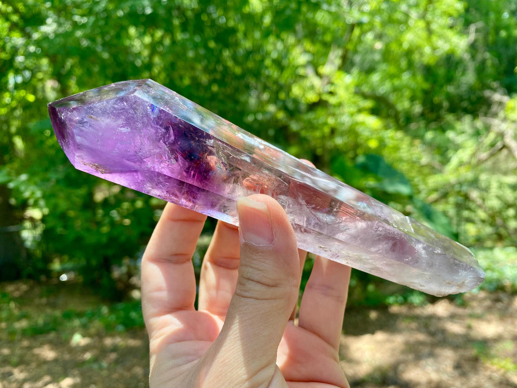 Polished Amethyst Crystal Wand: Brazilian Rainbow Phantom Quartz, stunning piece, great companion for energy work; reiki, Akash, chakras...