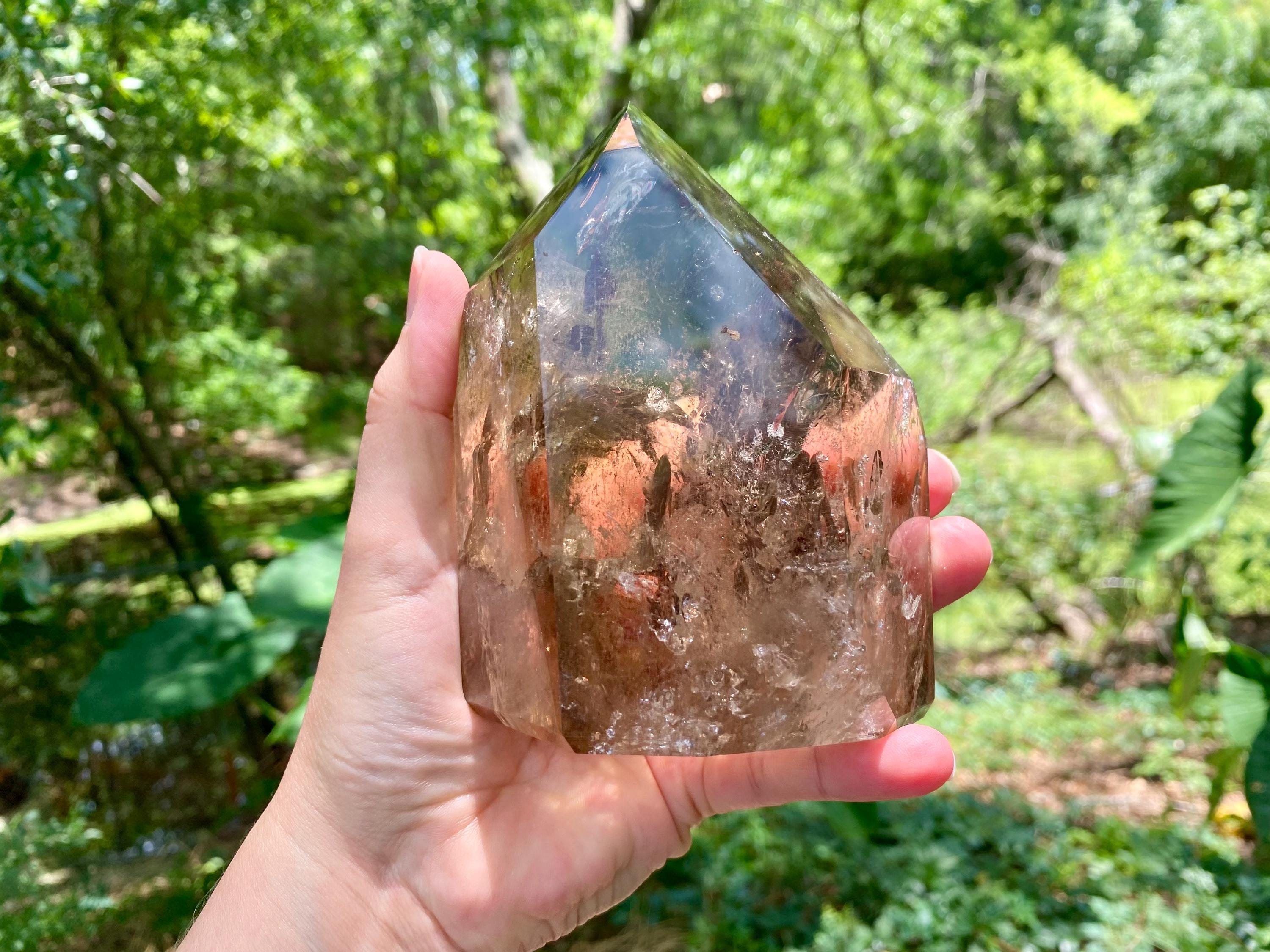 Large Smoky Quartz Crystal Point: Rainbow Phantom Inclusions