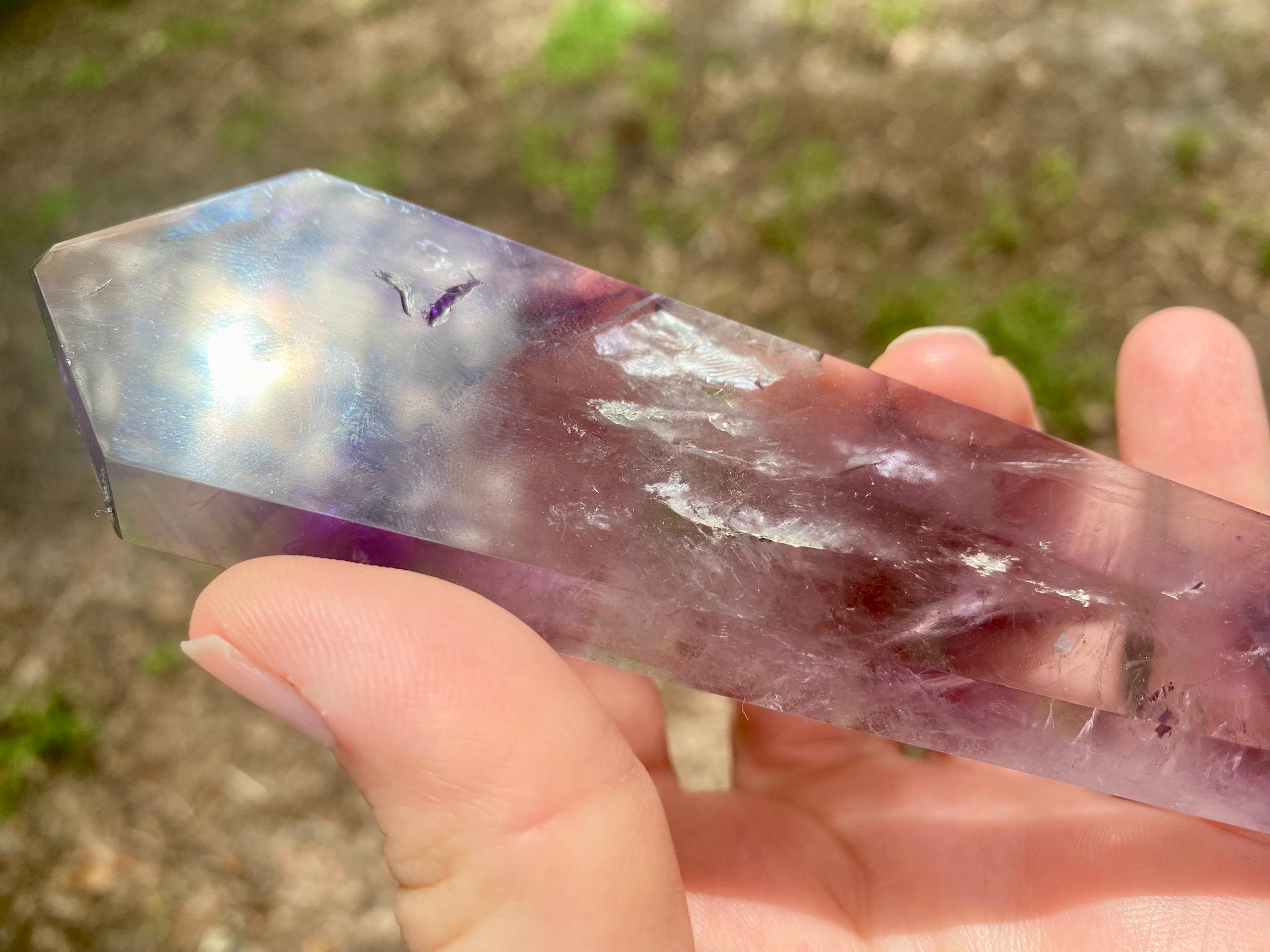 Bahia Amethyst Wand with Phantoms: Polished Brazilian Crystal Point. Spectacular tool ideal for reiki and energy work in general.