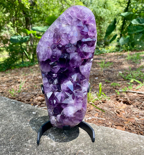 Extra Large Amethyst Crystal Geode with metal stand. Large Amethyst Cluster | Raw Purple Geode, High Vibration Stone, Spiritual Protection.