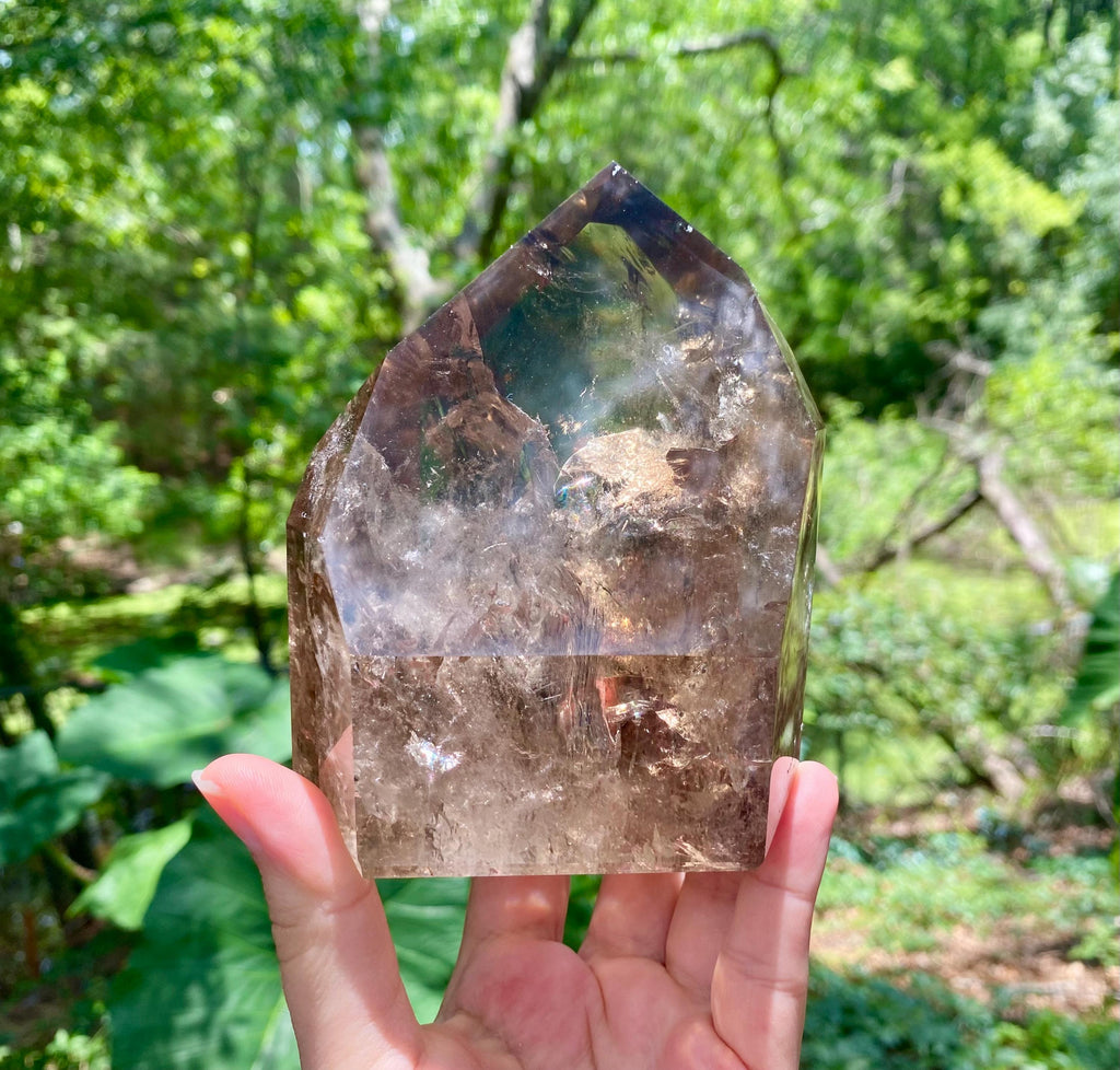 Large Smoky Quartz Crystal Point: Rainbow Phantom Inclusions