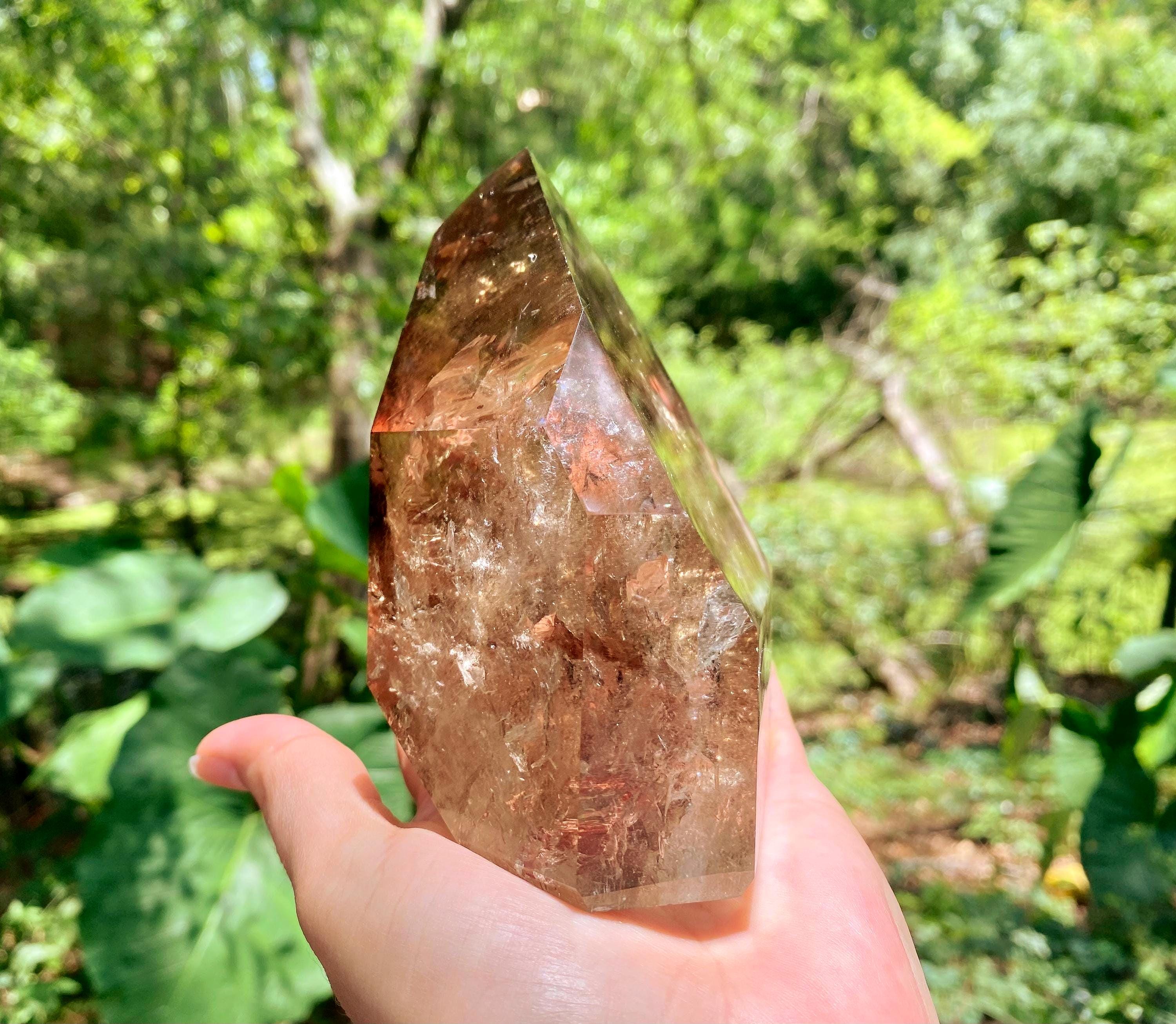 Large Smoky Quartz Crystal Point: Rainbow Phantom Inclusions