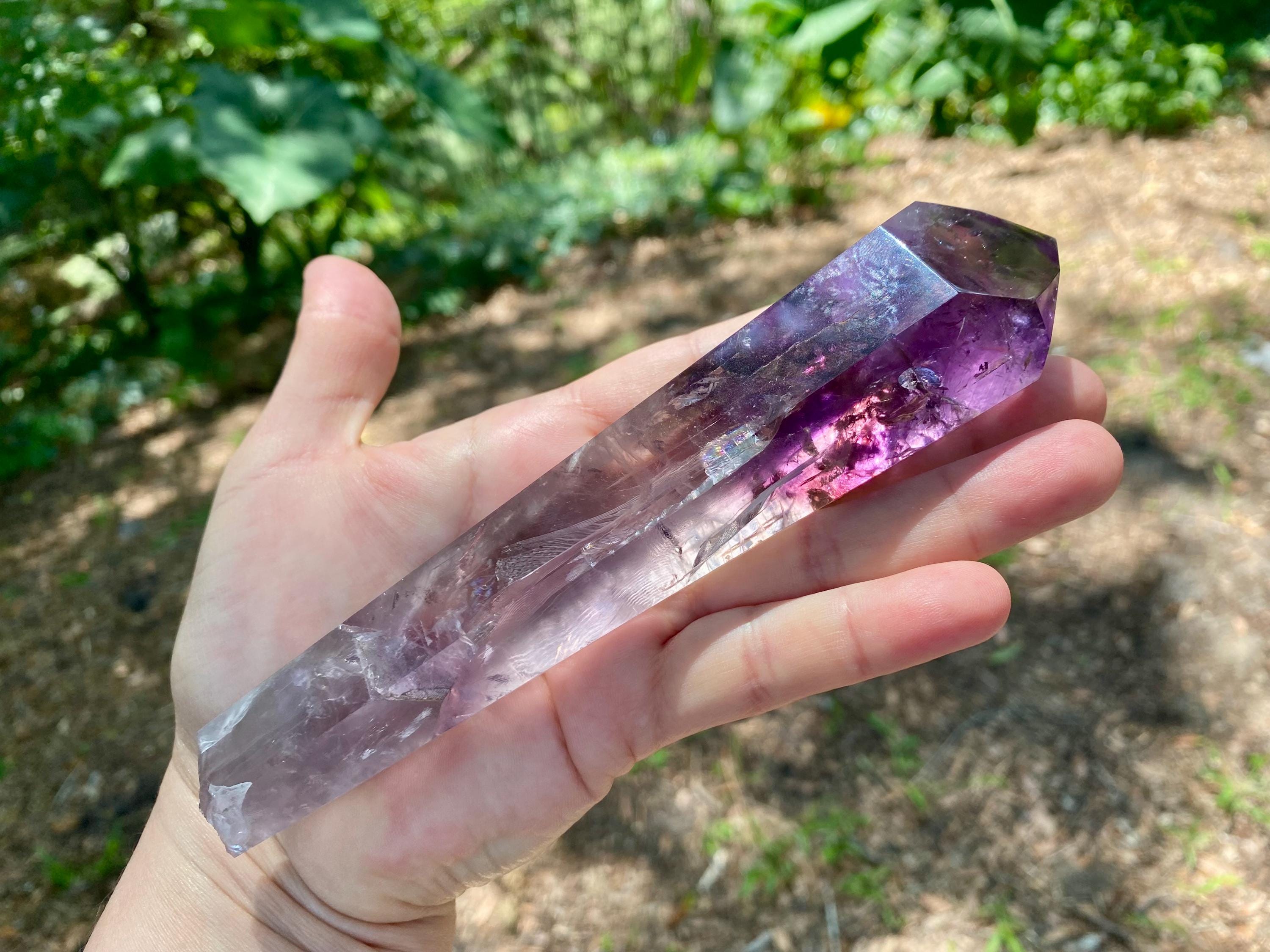 Polished Amethyst Crystal Wand: Brazilian Rainbow Phantom Quartz, stunning piece, great companion for energy work; reiki, Akash, chakras...